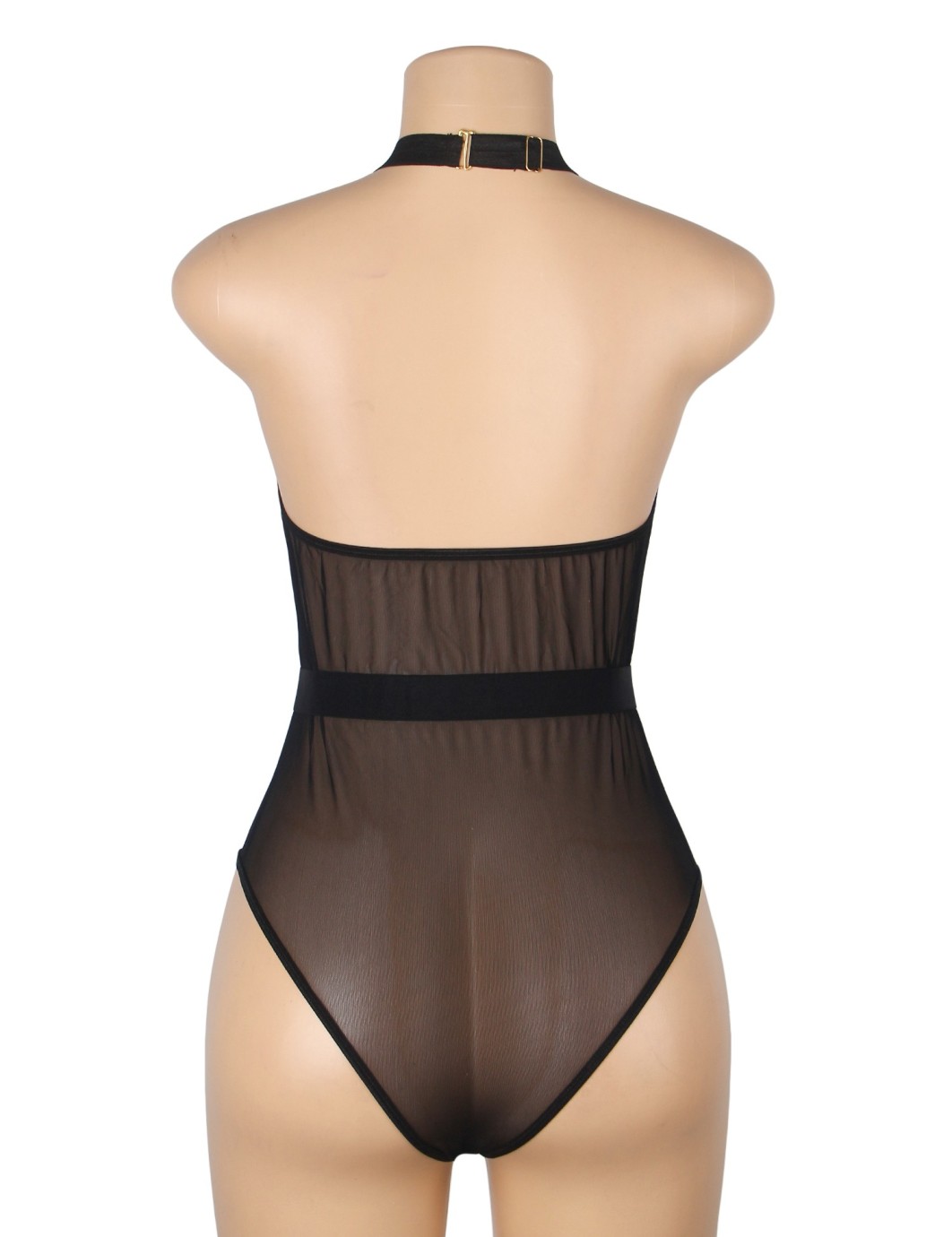 Black Sexy Flocked Mesh Halter Neck Crotchless Bodysuit