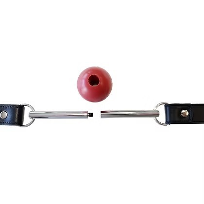 ROUGE Leather Ball Gag with Removable Rubber Red Ball with Stainless Steel Rod BLACK/RED