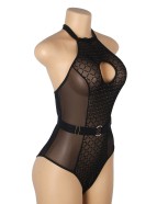 Black Sexy Flocked Mesh Halter Neck Crotchless Bodysuit