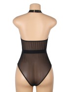 Black Sexy Flocked Mesh Halter Neck Crotchless Bodysuit