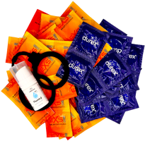 Набор онемевших презервативов - Delay pack (68 ks) + силиконови белезници Handcuffs